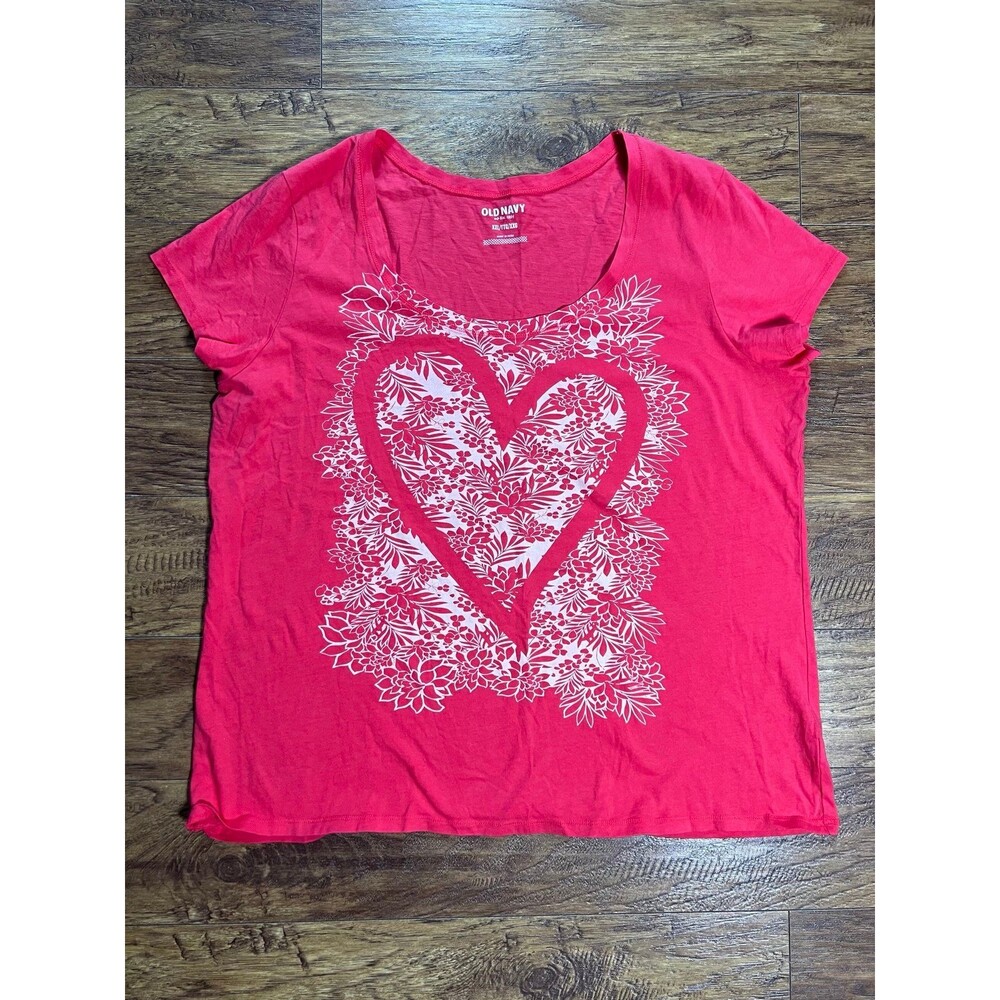 Old Navy Heart Scoop Neck Graphic Tee, Coral/White size XXL